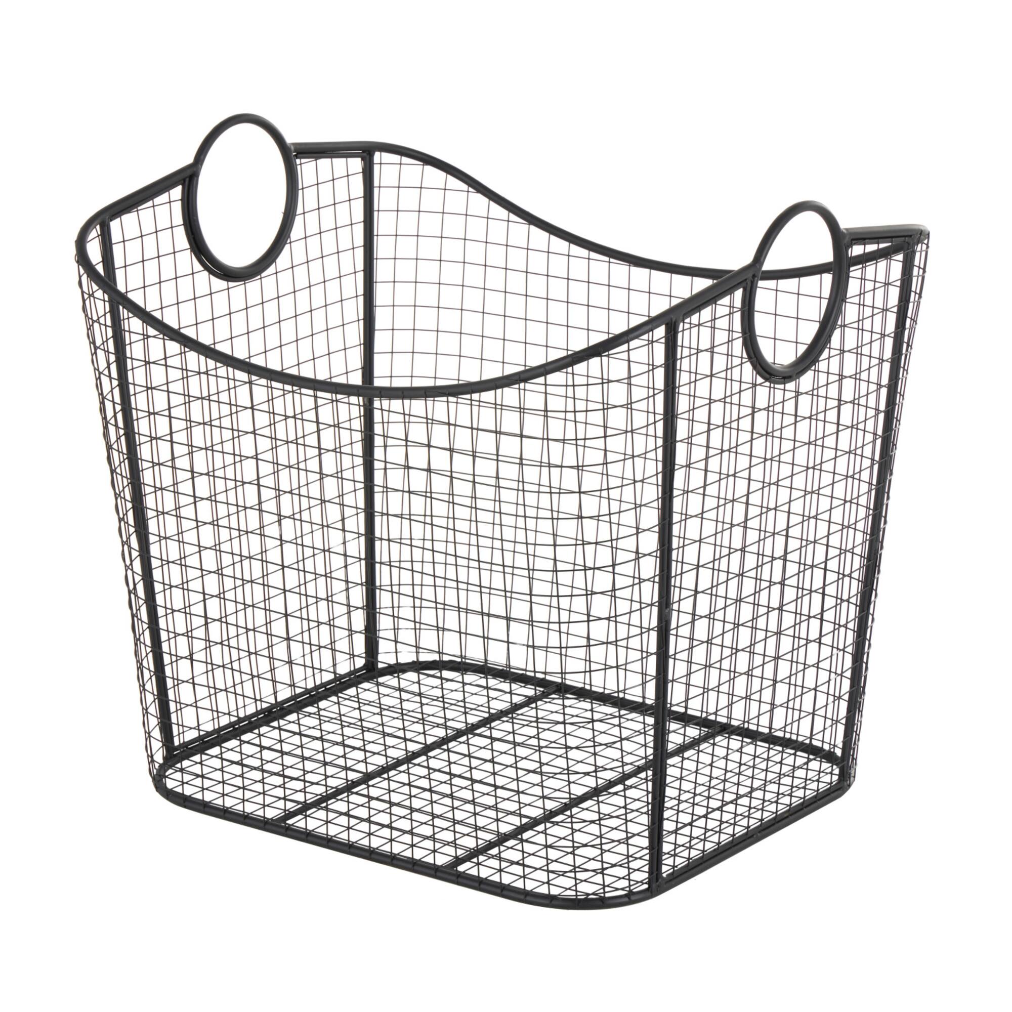 20" Black Metal Storage Basket with Curved Sides & Ring Handles